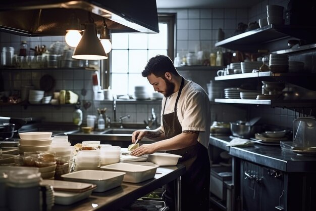 Scatto di un uomo che lavora in una cucina creata con l'IA generativa