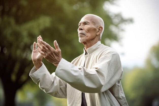 Scatto di un uomo che pratica tai chi e qigong all'aperto creato con l'IA generativa