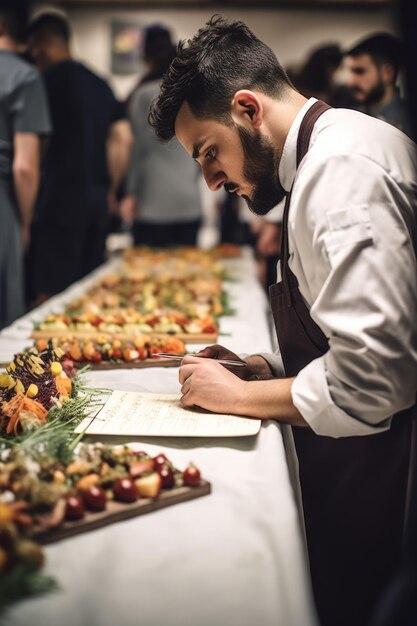 Scatto di un uomo che prende appunti mentre ispeziona il cibo in un evento di catering creato con l'AI generativa