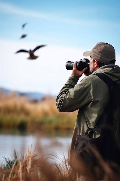Scatto di un uomo che scatta fotografie di un uccello durante un'avventura creata con l'AI generativa
