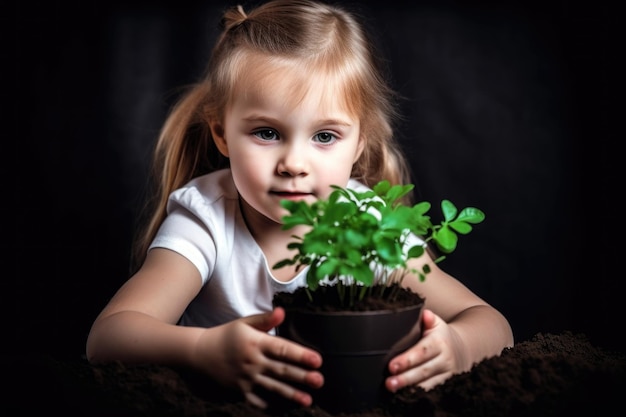 Scatto di una bambina che tiene in mano una pianta che cresce in un terreno creato con l'IA generativa