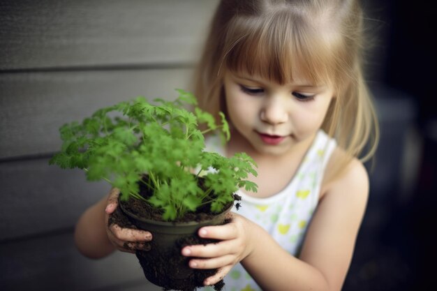 Scatto di una bambina che tiene in mano una pianta che cresce in un terreno creato con l'IA generativa