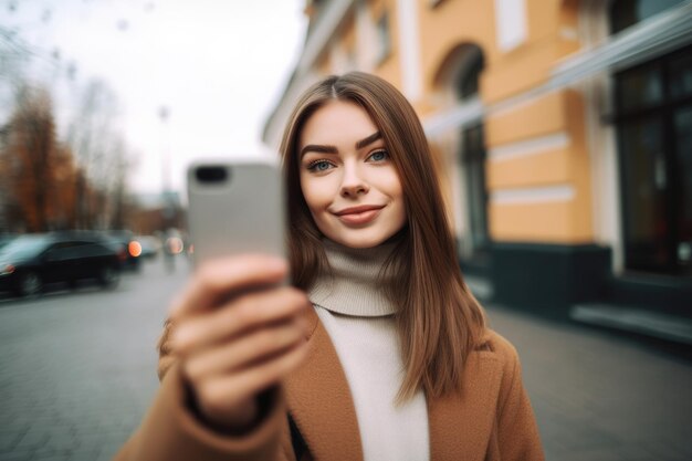 Scatto di una bellissima giovane donna che scatta un selfie sul suo telefono creato con l'IA generativa