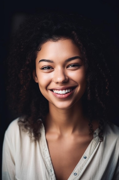 Scatto di una bellissima giovane donna che sorride alla telecamera creata con l'IA generativa