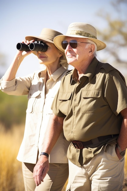 Scatto di una coppia anziana durante un tour naturalistico creato con l'IA generativa