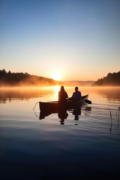 Scatto di una coppia che va a fare una gita in canoa sul lago all'alba, creato con l'intelligenza artificiale generativa