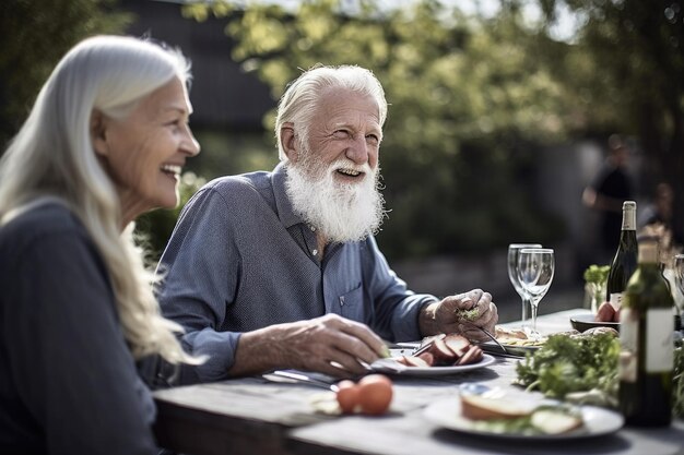 Scatto di una coppia senior che si gode un pranzo all'aperto insieme, creato con l'intelligenza artificiale generativa