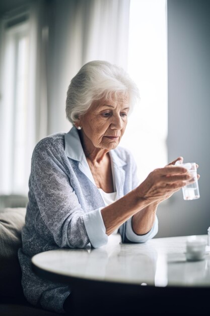 Scatto di una donna anziana che assume farmaci a casa creato con l'IA generativa