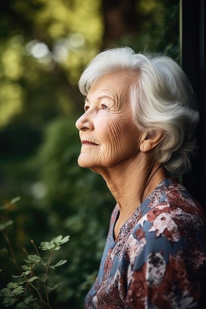 Scatto di una donna anziana che respira l'aria fresca mentre è all'aperto creato con l'IA generativa