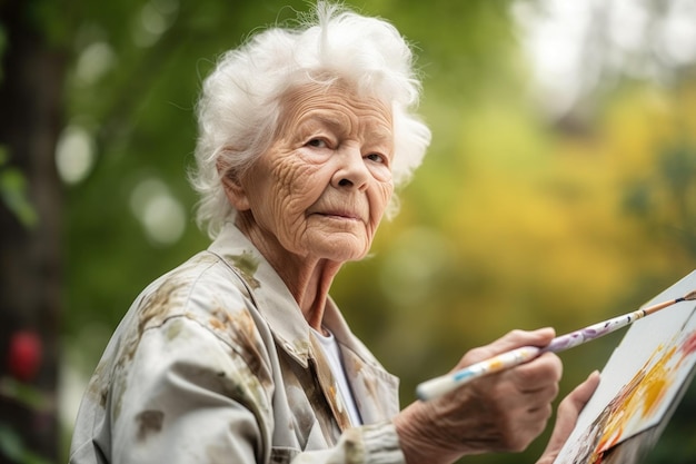 Scatto di una donna anziana che sembra scontenta mentre dipinge all'aperto creato con l'AI generativa