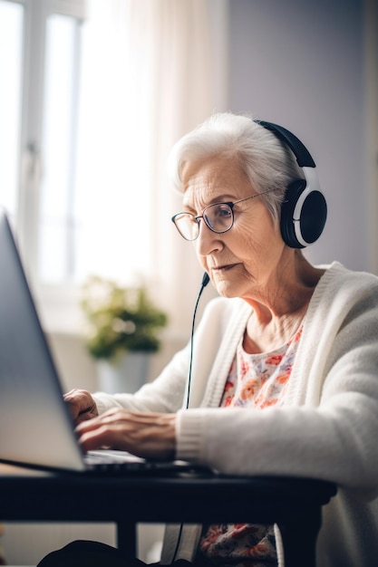 Scatto di una donna anziana che utilizza un laptop e un auricolare a casa creato con l'IA generativa