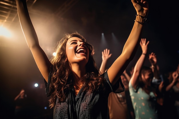 Scatto di una donna attraente che esulta durante un concerto musicale creato con l'IA generativa