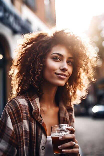 Scatto di una donna che beve birra all'aperto creato con l'IA generativa