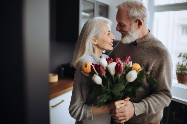 Scatto di una donna che riceve dei fiori dal marito creato con l'IA generativa