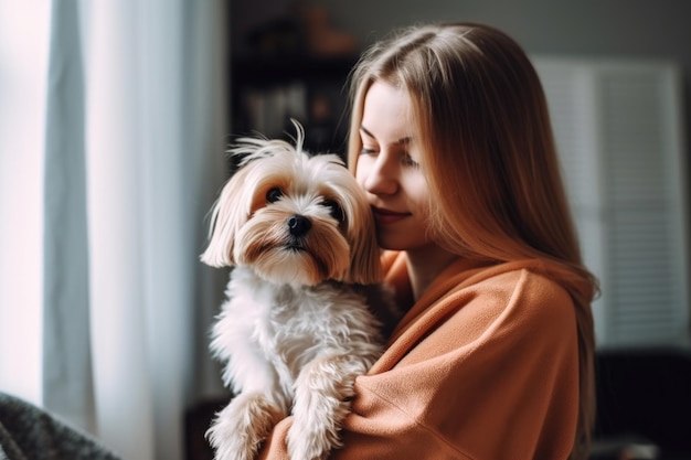 Scatto di una donna che tiene in braccio il suo cane dopo averlo strigliato a casa creato con l'IA generativa