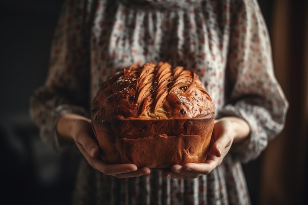 Scatto di una donna che tiene in mano una deliziosa pagnotta al forno creata con l'IA generativa