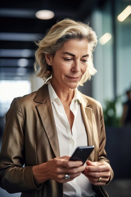Scatto di una donna matura che utilizza il suo smartphone in un ufficio moderno creato con l'IA generativa