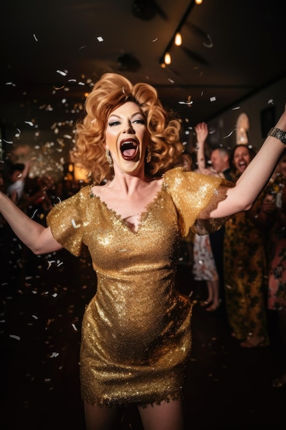 Scatto di una drag queen che si diverte a un evento creato con l'IA generativa