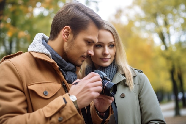 Scatto di una giovane coppia che guarda le foto sulla loro fotocamera digitale creata con l'IA generativa