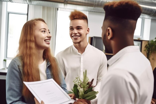 Scatto di una giovane coppia che riceve il certificato di matrimonio creato con l'IA generativa