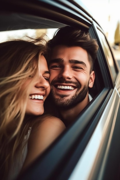 Scatto di una giovane coppia felice in un'auto creata con l'IA generativa