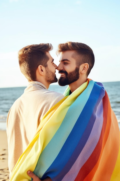 Scatto di una giovane coppia gay in spiaggia creato con l'intelligenza artificiale generativa