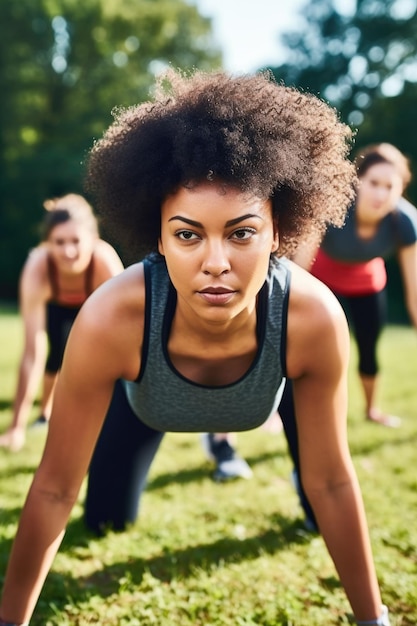 Scatto di una giovane donna alla guida di un bootcamp all'aperto creato con l'IA generativa