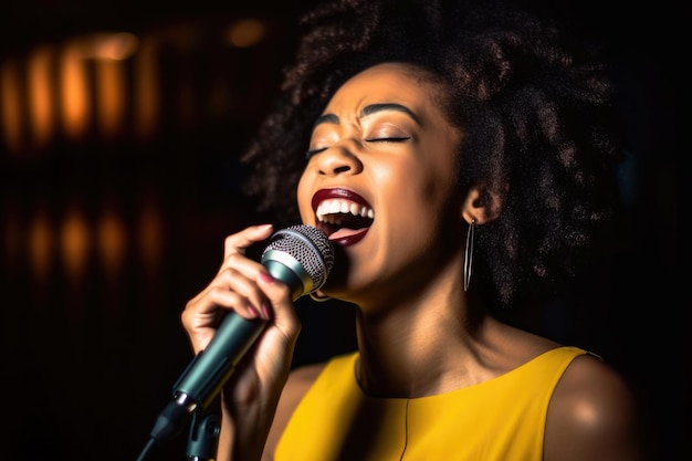 Scatto di una giovane donna attraente che canta in un microfono creato con l'IA generativa