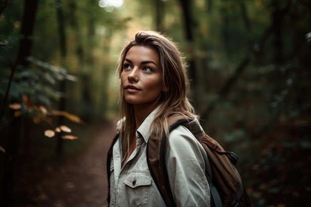 Scatto di una giovane donna attraente che fa una passeggiata nel bosco creato con l'AI generativa