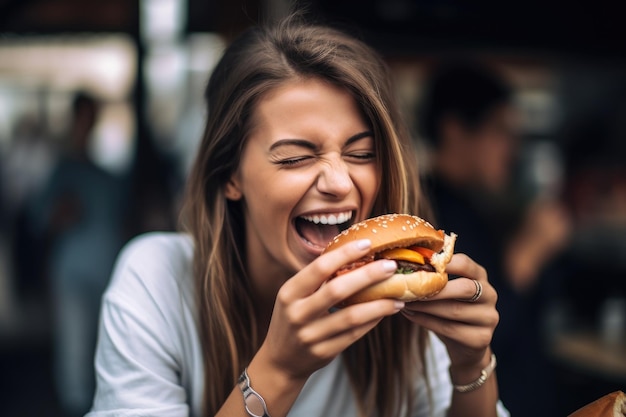 Scatto di una giovane donna che addenta il suo hamburger creato con l'IA generativa