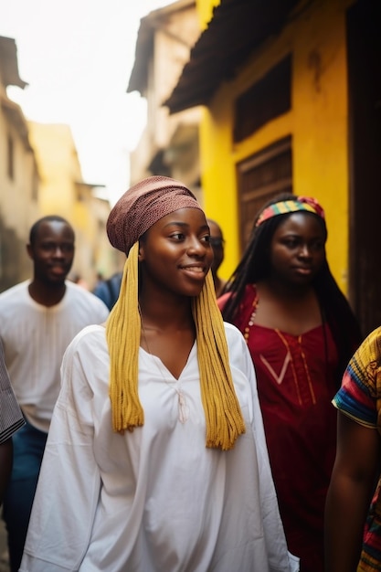 Scatto di una giovane donna che conduce un tour culturale con i suoi clienti creato con l'IA generativa