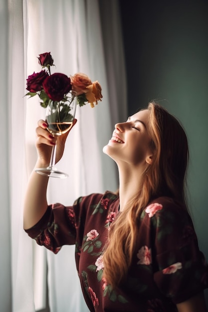Scatto di una giovane donna che festeggia con vino e fiori creati con l'IA generativa