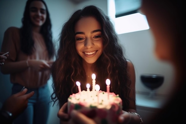 Scatto di una giovane donna che festeggia il suo compleanno con gli amici a casa creato con l'IA generativa