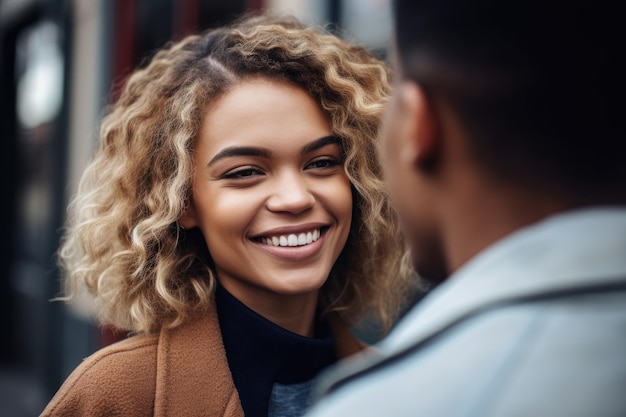 Scatto di una giovane donna che guarda il suo fidanzato e sorride creato con l'IA generativa