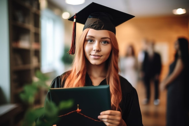 Scatto di una giovane donna che mostra il suo diploma durante la laurea creato con l'IA generativa