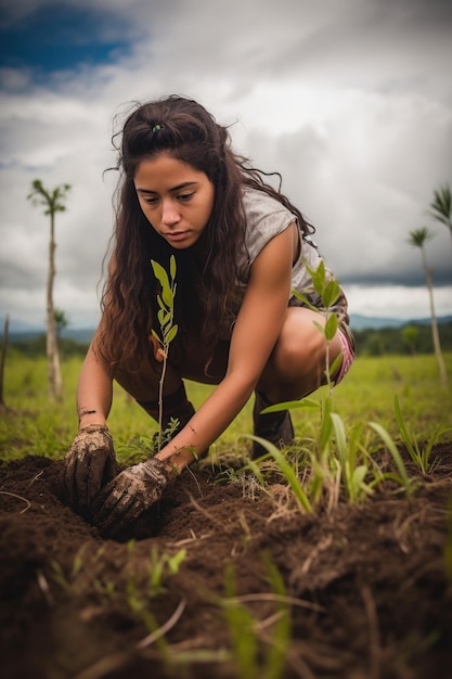 scatto di una giovane donna che pianta alberi nel Brasile rurale creato con AI generativa