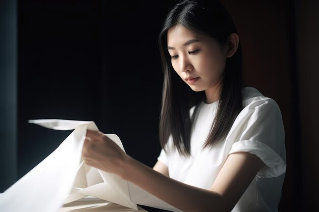Scatto di una giovane donna che piega carta creata con l'IA generativa