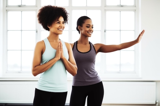 Scatto di una giovane donna che pratica yoga con un istruttore creato con l'IA generativa