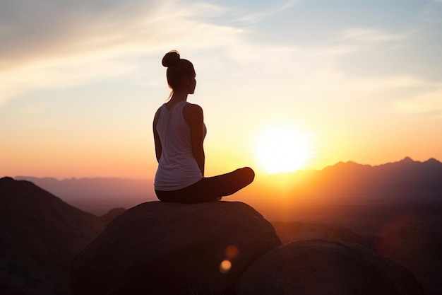 Scatto di una giovane donna che pratica yoga sullo sfondo di un tramonto creato con l'IA generativa