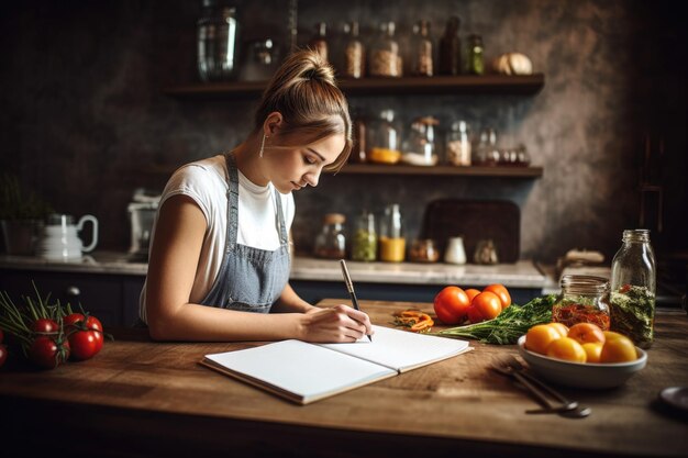 Scatto di una giovane donna che scrive varie ricette create con l'IA generativa