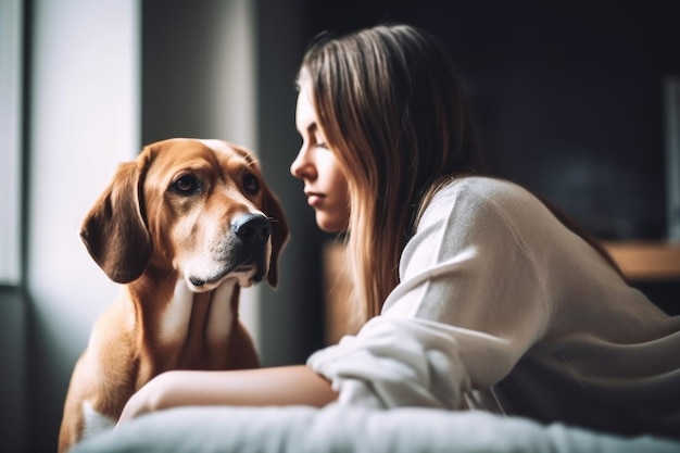 Scatto di una giovane donna che si rilassa a casa con il suo cane creato con l'IA generativa