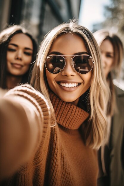scatto di una giovane donna che si scatta un selfie di fronte ai suoi amici, realizzato con l'intelligenza artificiale generativa