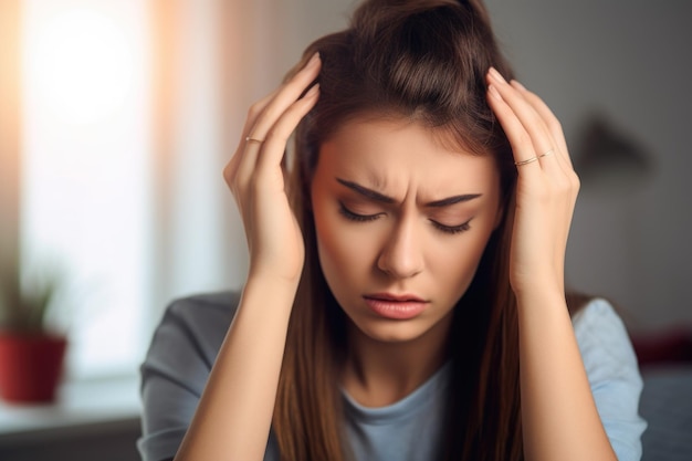 Scatto di una giovane donna che tiene la testa nel dolore durante un attacco di ansia creato con l'AI generativa