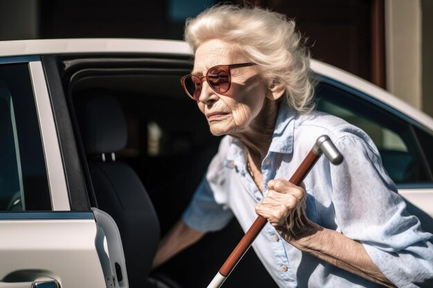 Scatto di una giovane donna che usa il suo bastone da passeggio per aprire la portiera della sua auto creata con l'IA generativa