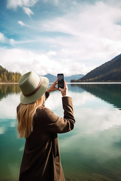 Scatto di una giovane donna che usa il suo cellulare per scattare una foto al lago creato con l'AI generativa