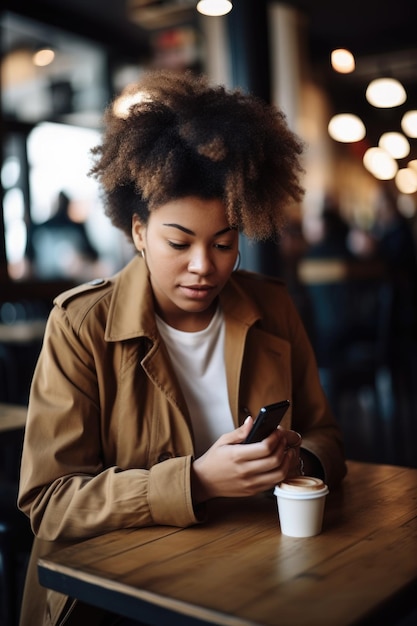 Scatto di una giovane donna che usa il telefono mentre lavora in un bar creato con l'IA generativa