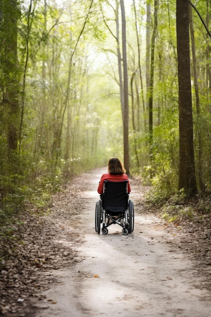 Scatto di una giovane donna che utilizza una sedia a rotelle su un sentiero naturalistico creato con l'IA generativa