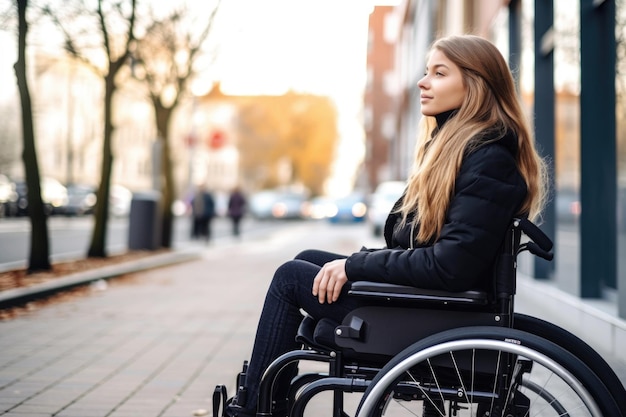 Scatto di una giovane donna con lesioni spinali che utilizza una sedia a rotelle all'esterno creata con l'IA generativa