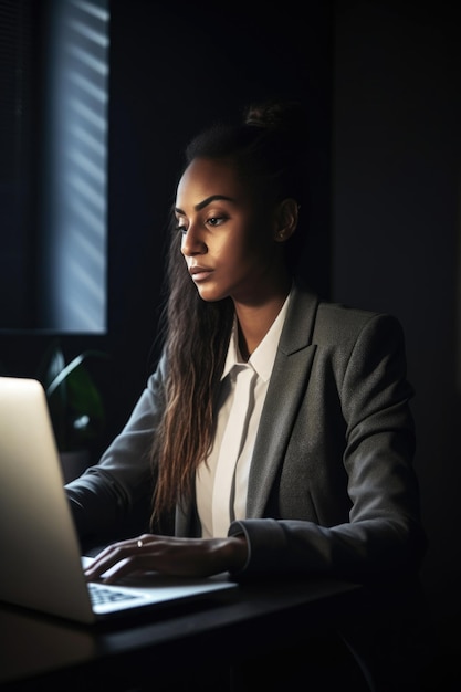 Scatto di una giovane donna d'affari che lavora su un laptop nel suo ufficio a casa creato con l'IA generativa