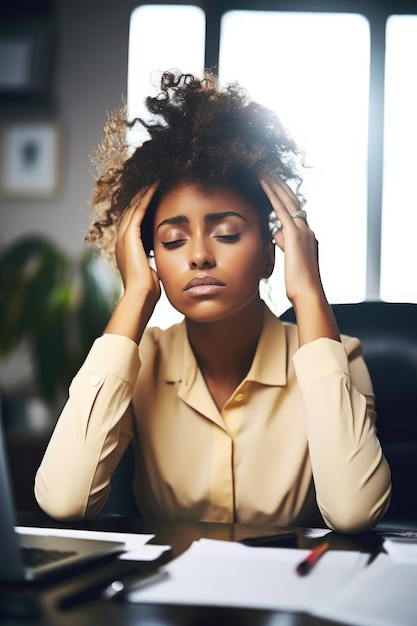 scatto di una giovane donna d'affari che sembra stressata mentre lavora in un ufficio creato con l'IA generativa